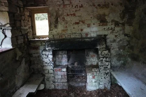 Derelict Interior Stone Brick Structure Fireplace Sheep Pasture, Cromford, Stock Photos