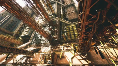 Derelict service platform featuring metallic walkways and aged machinery details Video stock 334041603