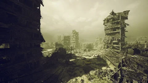 Derelict structures illuminated by sunset glow across vast landscape 스톡 동영상 334684831