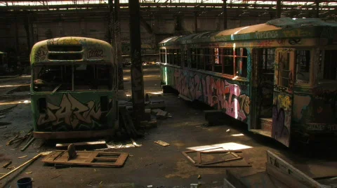 Derelict Train / Tram with graffiti Stock Footage 298172