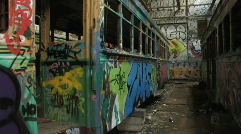 Derelict Train / Tram with graffiti Stock Footage 298564