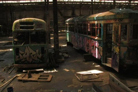 Derelict Train / Tram with graffiti NTSC Stock Footage 396871