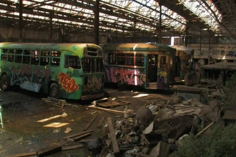 Derelict Train / Tram with graffiti NTSC Stock Footage 396878