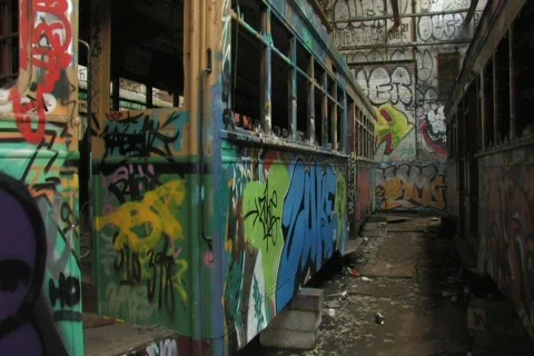 Derelict Train / Tram with graffiti NTSC Stock Footage 396898