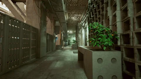 Derelict warehouse corridor with worn surfaces and ambient shadows Stock Footage 327390317