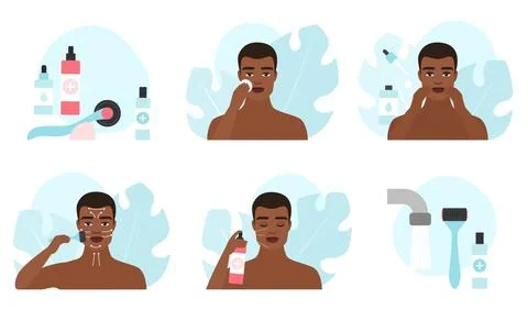Derma roller massage for man set, male characters applying serum, massaging face Stock Illustration