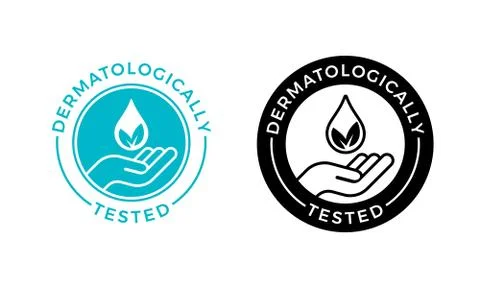 Dermatologically tested vector label with water drop, leaf and hand logo. Der Illustrazione stock