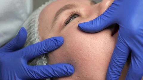 A dermatologist examines a patient's problem skin at a cosmetology clinic. Stock Footage 142230112