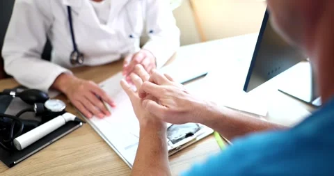 Dermatologist examines skin of hand with itching of sick patient Stock Footage 247435036