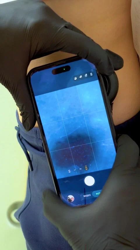 Dermatologist examining a skin mole with a dermatoscope and ultraviolet imaging 스톡 동영상 344955674