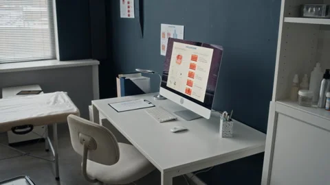 Dermatologist Office Desk with Computer and Medical Storage Stock Footage 329743906