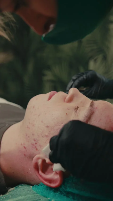 Dermatologist to perform a skin cleansing procedure on the patient's face  Stock Footage 285498192