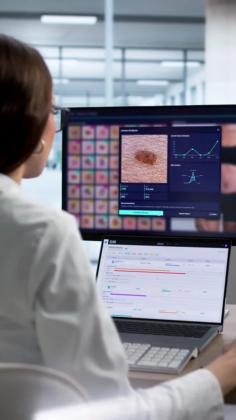 Dermatologist Uses Computer To Examine Mole Stock Footage 335881157