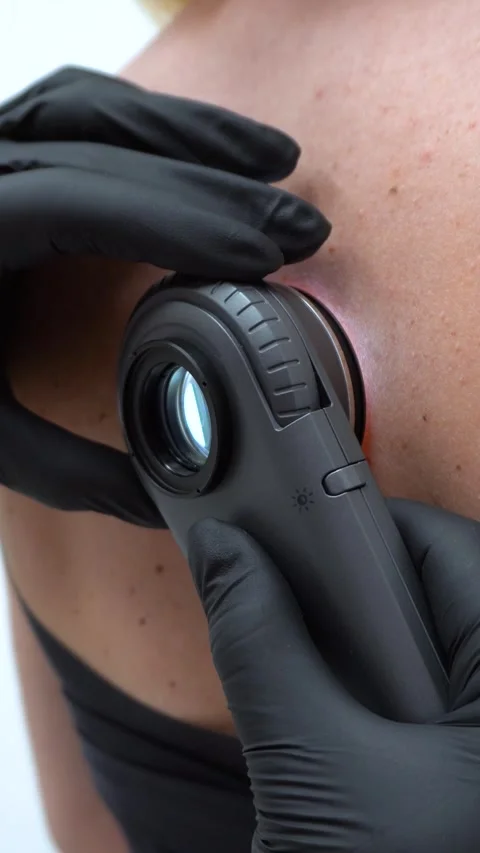 Dermatoscopy, mole check, skin examination, dermatoscope, melanoma detection Stockbeeldmateriaal 313634209