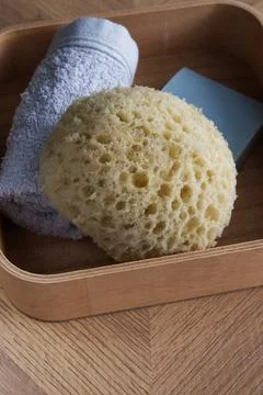 Dermo Aqua soft bath sponge on a wooden background Stock Photos