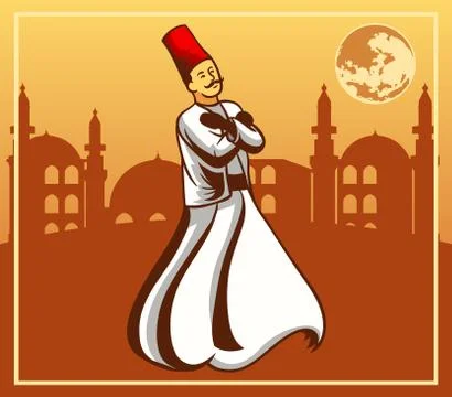Dervish And Fullmoon Mosque Background Stock Illustration