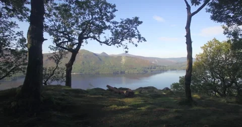 Derwentwater and Skiddaw mountain range, Lake District, Cumbria, UK, 4K aerial Video stock 62556162