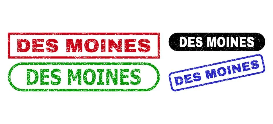 DES MOINES Rectangle Stamp Seals with Distress Surface Stock Illustration