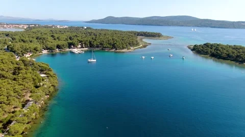Descending aerial shot of the Croation coastline with blue waters and pine trees Stock Footage