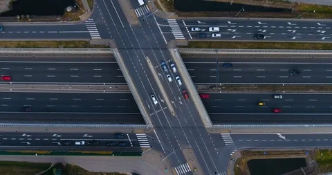 Descending Aerial View Of Highway Intersection. Traffic Rush Stock Footage 92366680
