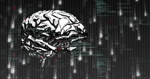 Descending binary streams are causing chrome brain sculpture rotating while Stock Footage 312829416