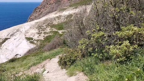 Descending the cliff by the path with stairs Stock Footage 130857152