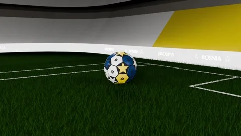 Descending from corner arc patterned soccer ball rotating toward turf in arena, Stock Footage 333286178
