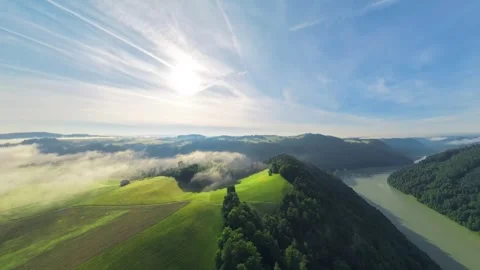 Descending Drone Flight from Danube Valley over Donauleiten in Sunlight Stock-Footage 345022681