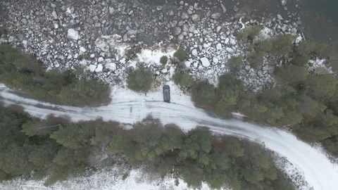Descending Drone Shot Of Car Standing At Finish Lake At Rest Station Stock Footage 225830786