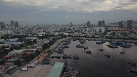 Descending drone view of Da Nang harbor skyline Stock Footage 339753555