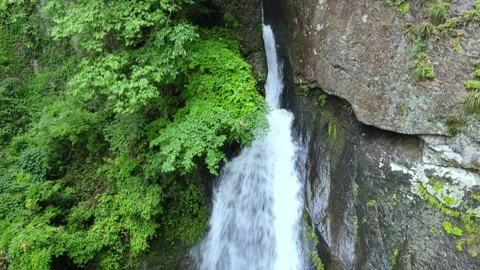 Descending Drone View of Forest Waterfall and Rock Cliff Zhejiang China Stock Footage 330298555
