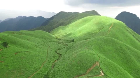 Descending Drone View Over Green Mountain Ridge Wugong Mountain China Stock Footage 330286337