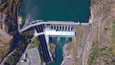 Descending Drone View Over Roxburgh Hydroelectric Dam, New Zealand Stock Footage 318001731