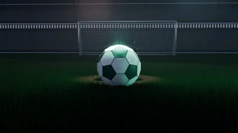 Descending glowing orb spawning soccer ball on pitch in front of goal frame, Stock Footage 339194017