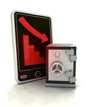 Descending graph stats with bank vault on smart phone display illustration Stock Illustration