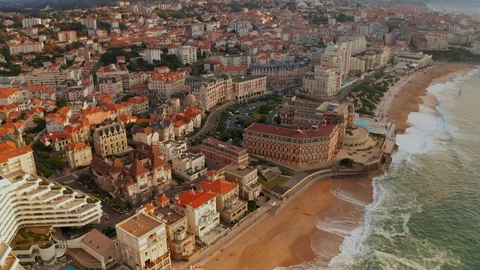 Descending high angle drone view of the beach town of Biarritz, France. Stock Footage 125321557