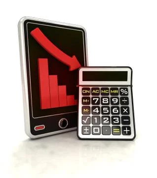 Descending negative graph with calculator on smart phone display illustration Stock Illustration