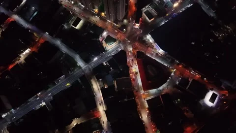Descending Night Drone Over Complex Multi Road Junction Star Pattern Stock-Footage 331184547