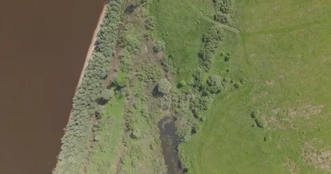 Descending over trees river field 스톡 동영상 108748450