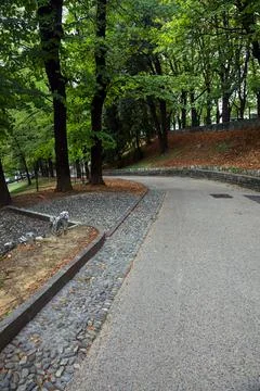 Descending paved path in a park forking with a stone staircase Stockfoto's