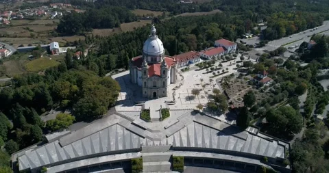 Descending plan in front of the facade of the Sanctuary of Our Lady of Sameiro Stock Footage 162138801