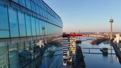 Descending reflection play with tower and river barge Stock-Footage 331197294