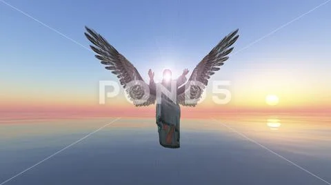 The descent of Archangel Gabriel, Angel is giving energy to you at Sunrise Stock Photos