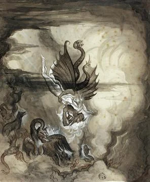 Descent into Hell Devil and Monsters ca 1750 Germany Historical digitally Stock Illustration