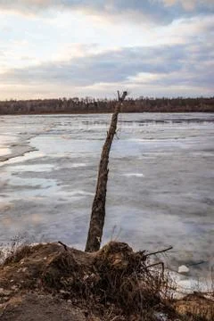 The descent of ice in the spring on the river in March is a natural phenomeno Stock Photos