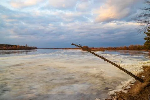 The descent of ice in the spring on the river in March is a natural phenomeno Stock Photos