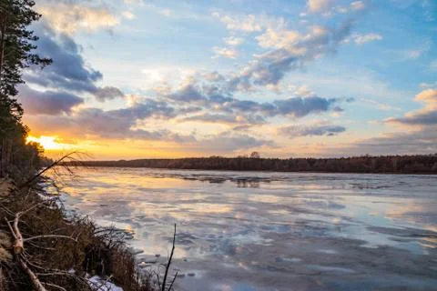 The descent of ice in the spring on the river in March is a natural phenomeno Stock Photos