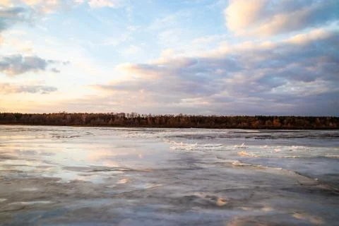 The descent of ice in the spring on the river in March is a natural phenomeno Stock Photos
