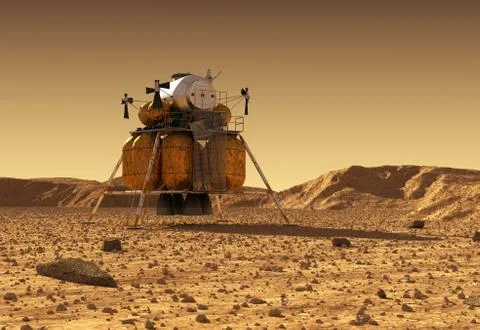 Descent Module Of Interplanetary Space Station On Surface Of Planet Mars Ilustración de archivo