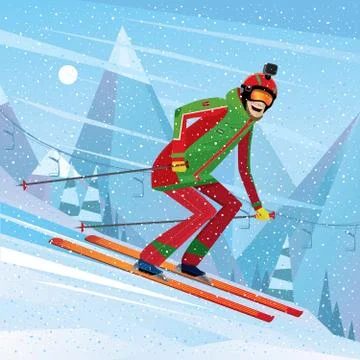 Descent from the mountain on skis Stock Illustration